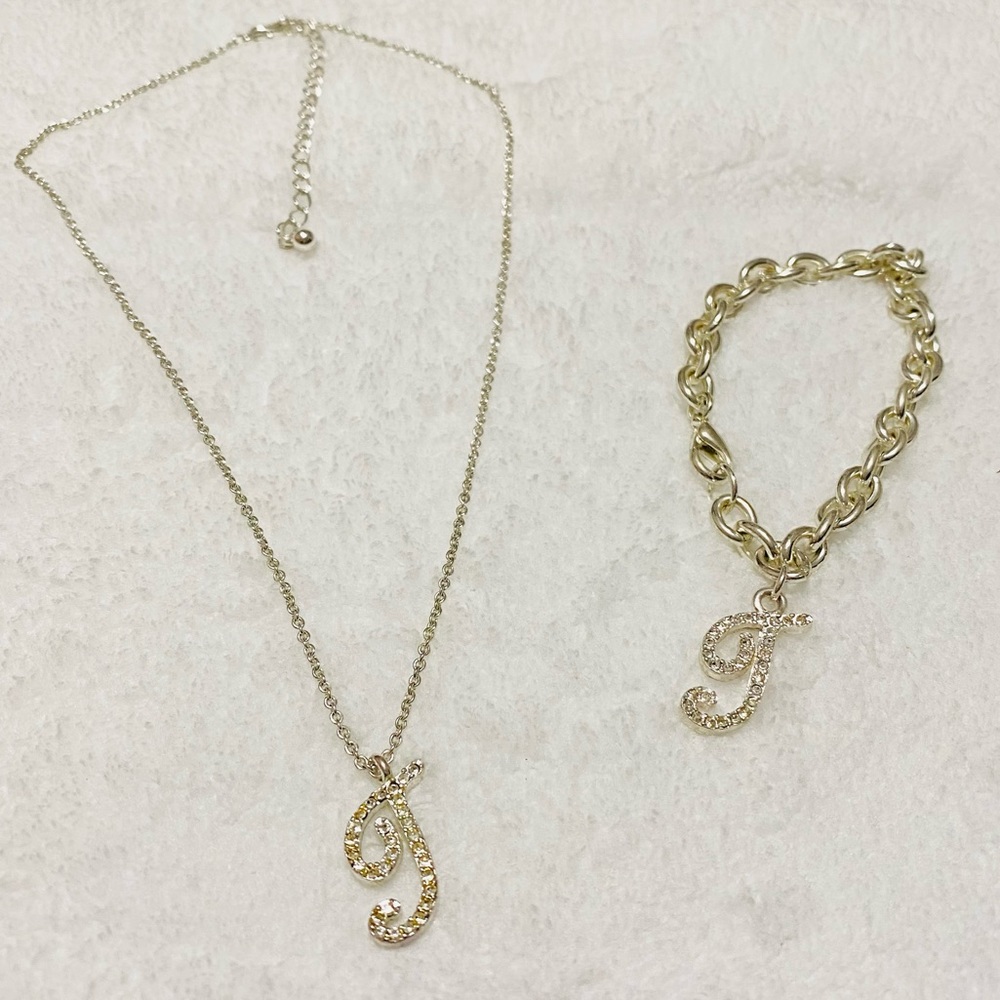 Vintage T initial rhinestone necklace & bracelet